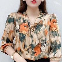 여성 쉬폰 블라우스 셔츠 하프 슬리브 보우 타이 칼라 프린트 탑 드롭