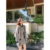 여성 정장 데일리 블랙 골드 포인트 단추 버튼 라운드넥 숏 짧은 카디건 반팔원피스 니트세트 미운우리새끼 미우새 신예은 김고은 장원영 기은세 차정원 스타일 니트 가디건