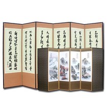 [正統手功] 진주비단 추사한시_산수화 6폭병풍+병풍커버포함, 상세설명 참조