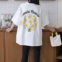 봄 데일리 캐주얼 드랍 7부 소매 박시핏 루즈핏 빅사이즈 데이지 플라워 면 롱 티셔츠