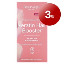 Reserveage Nutrition 헤어 스킨 네일 관리 레스베라트롤 함유 바이오틴 케라틴 헤어 부스터 120정 1팩, 3팩