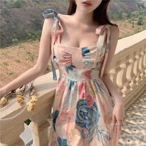 휴양지원피스 빈티지 플라워 슬링 드레스 스퀘어 넥 민소매 슬림 미디 플로랄 스커트 여성용 나비 넥스트랩