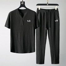 POMTOR 남성 린넨 반팔 트레이닝복 세트 여름 츄리닝 헬스복