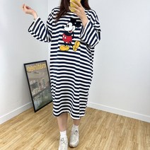 4color 코튼 라운드넥 8부 홈웨어 단가라 뒷짐 미키 원피스