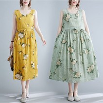 중년 여성 루즈핏 여름 라운드 면 린넨 허리 스트링 빅플라워 민소매 나시 롱 원피스 바캉스룩 비치룩 휴양지룩 홈웨어 홈드레스 외출복