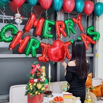 메리 크리스마스 실속 파티 토퍼 포함 풀 세트 (펄풍선+이니셜풍선+눈사람풍선+케이크토퍼), 레드+그린 토퍼:홀로그램