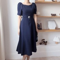 엘린무드 프리엘 스퀘어넥 핀턱 퍼프 큐빅 벨트 A라인 플레어 훌 미디 원피스 2COLOR