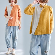 면린넨 블러킹 여성 긴 소매 가을옷 뚱뚱한 와이드 루즈핏 빅사이즈 디자인감각 보이핏 볼륨 앞자락 멜란 724922730