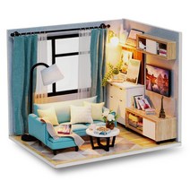 miniyo 선샤인 핑크 블루 피아노방 침대방 DIY 미니어처하우스 만들기 준비도구포함 오르골 한글설명서 당일발송, 블루리빙룸
