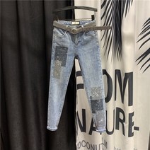 라쿤걸 하이웨이스트 슬림 피트 9부 반짝이비즈 럭셔리 여성 청바지 NY199