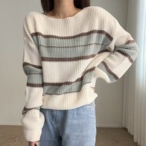 에이치스 국내생산 여리해보이는 라운드 스퀘어넥 스트라이프 단가라 가을니트