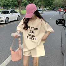 여름 임부복 패션 루즈핏 라운드넥 레터링 티셔츠 반바지 투피스
