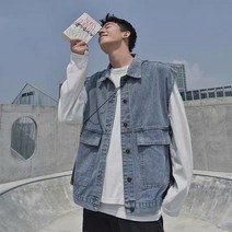 데님 조끼 남성 여름 얇은 조끼 작업복 민소매 티셔츠 조끼 조끼 홍콩 스타일 재킷