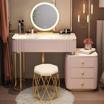 북유럽 LED 거울 입식 라이트 화장대 벨벳 의자 서랍장 세트 가죽 골드, 100cm, 캐비닛+스마트미러+둥지, 핑크