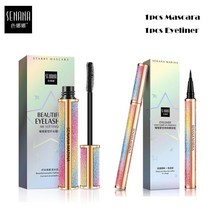 안번지는 오래지속되는 투명 워터프루프 마스카라 워셔블 헤어 새치 롱래쉬 SENANA 4D 별이 빛나는 실크 섬유 속눈썹 두꺼운 연장 + 아이 라이너 방수 땀 방지 지속 빠른 건조, 04 Set