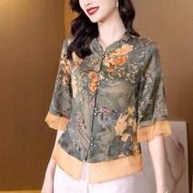 차이나카라셔츠 클래식 플라워 프린팅 여성 2022 여름 귀함 부인 향운사 상의 엄마 반팔셔츠 4800102415
