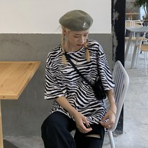 지브라 블랙 커플 반팔 티셔츠 여 루즈핏 롱 상의