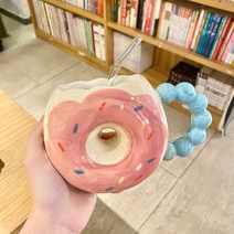 도넛 370ml 핸드메이드 도자기컵 빨대 달린 컵 세트 귀엽 머그컵 핑크 블루 초콜릿 그린 생일 선물 기념일 선물 100일 선물
