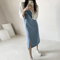 여성용 에콕스 캐쥬얼 옆슬릿 슬림핏 데님 서스펜더 원피스