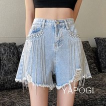 YAPOGI 인터넷 연예인 반짝이 술 찢어진 데님 반바지 여성 여름 높은 허리 라인 느슨한 와이드 레그 바지 모든 경기 캐주얼 핫 바지 YAPOGI