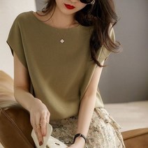 여성 슬림 핏 여름 반팔 니트 티 라운드 셔츠 그린 _ 98779EA