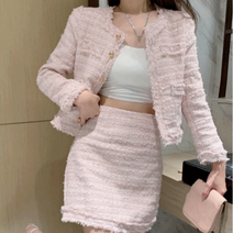 여성 트위드 자켓 투피스 세트 세미 정장 노카라 봄 페미닌 하객룩 오피스룩 (3col)