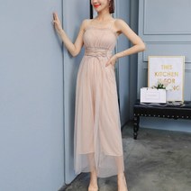 프릴점프수트 아마도 U 여성 화이트 카키 메쉬 스트랩 슬래시 넥 전체 길이 바지 슈트 여름 레이스 업 3698275948