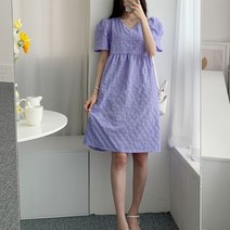 여자 여름 시어서커 V넥 퍼프소매 플레어 미디 원피스