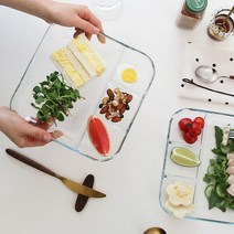 강화 내열 유리 4절 식판 나눔 접시 정사각 칸칸 플레이트 트레이 정사각 중, 직사각 대(L)