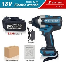 Kamolee1800 NM 하이 토크 90Ah 9000mAh 브러시리스 전기 임팩트 렌치 마끼다 18V 배터리용, UK+Two6.0AH BAT Carton