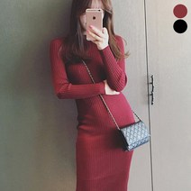 골지 날씬해보이는 핏 타이트한 롱원피스 반팔 프릴 미디 니트