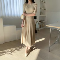 뉴죤 나브런 캐시 울 보트넥 플레어 롱 원피스