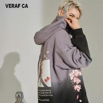 유에스 오버핏후드티 스트릿패션 VERAF CA 커플 의상 트렌디 브랜드 힙합 그라데이션 컬러 플로럴 라운드 넥 까마귀 남성