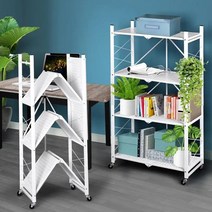 조립 필요없는 이동식 선반 접히는 원터치선반 접이식 수납 트롤리 바퀴달린 수납장 진열대, 4단 - 블랙