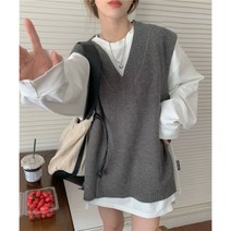 올 매칭 브이넥 쌓인 니트 조끼 여성 가을 중간 길이 루즈핏