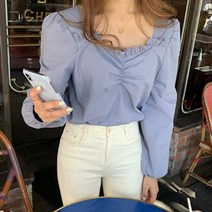 퍼프블라우스 반팔 t티셔츠여성 가을 개성있는디자인 코디가잘되는 스위트 오간자 스퀘어칼라 주름무늬 벌룬소매 루즈핏롱