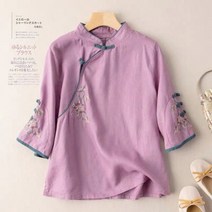 복고풍 면 린넨 탑 차이나칼라 셔츠