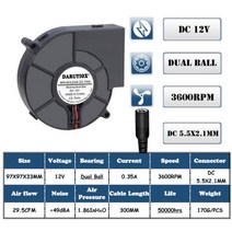 97MM 터보 송풍기 팬 12V DC 암 커넥터 97x94x33mm 원심 냉각 AC 100V 220V 전원 어댑터 가변 속도, 9733 Blower