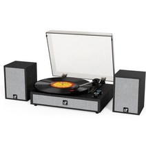 듀얼 외장 스피커 비닐 레코드 플레이어 블루투스 재생이 빈티지 3단 턴테이블 하이파이 시스템 AUX RCA 라인 출력 블랙, Black
