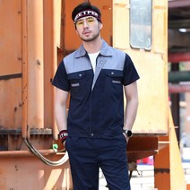 작업복 여름 반팔 작업복 건설현장 자동차 정비공, 175/88A, 네이비 멜란지 숄더 반팔 상의