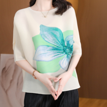 가을 골지 주름 원피스 대외 무역 브랜드 클리어런스 미야케 플리츠 탑 여성용 쿼터 슬리브