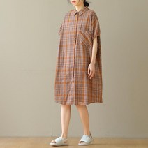 SJW 여성 여름 미디 셔츠원피스 체크 카라 포켓 스트링 오버핏 빅사이즈 반팔원피스