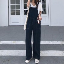 ANYOU 여성 캐주얼 심플 청바지 점프수트 어깨끈 데님 멜빵바지