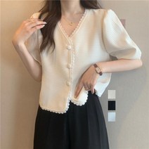 자칠 브이 데일리 브이넥 반팔 핀턱 단추 블라우스 여름 브이넥 니트