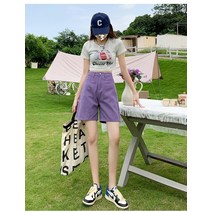 YAPOGI 핑크 데님 반바지 여성용 바지 여름 허리 핫 여자 색 슬림 모든 일치 스트레이트 바지 청 반바지
