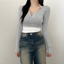 VANANA2 여성 데일리 슬림핏 글램 크롭 단추 리본 레이어드 홀터티 3color