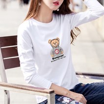 [오늘발송] 스타일아유 여성용 레터링 긴팔 티셔츠 슬림핏 캐주얼 라운드넥 곰돌이 티셔츠 4color[AYG7TS0188]