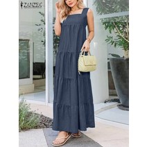 여름 하객 데님 원피스 로브 롱 민소매 선드레스 솔리드 드레스 스퀘어 넥 프릴 여성용 맥시