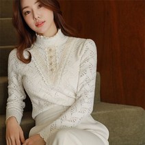 스타일온미 엔틱리프 기모 레이스 진주 티 블라우스