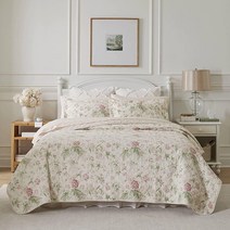 Laura Ashley Home - 퀸 퀼트 세트 어울리는 샴이 있는 양면 면 침구 사계절용 경량 홈 데코 (브리지 플로럴 핑크/그린 퀸)